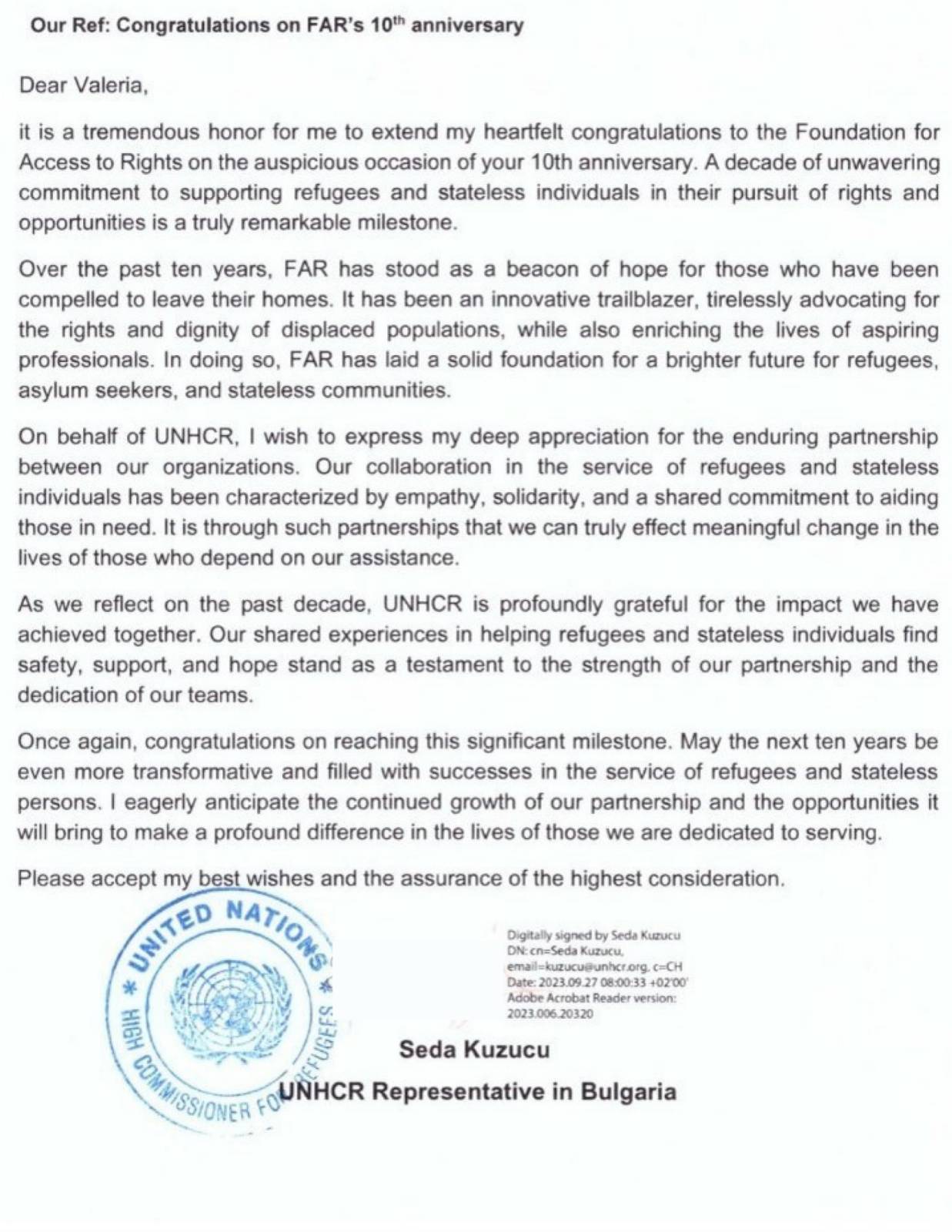 Congratulations letter for FAR`s 10th anniversary from Ms. Seda Kuzucu - UNHCR Bulgaria Representative