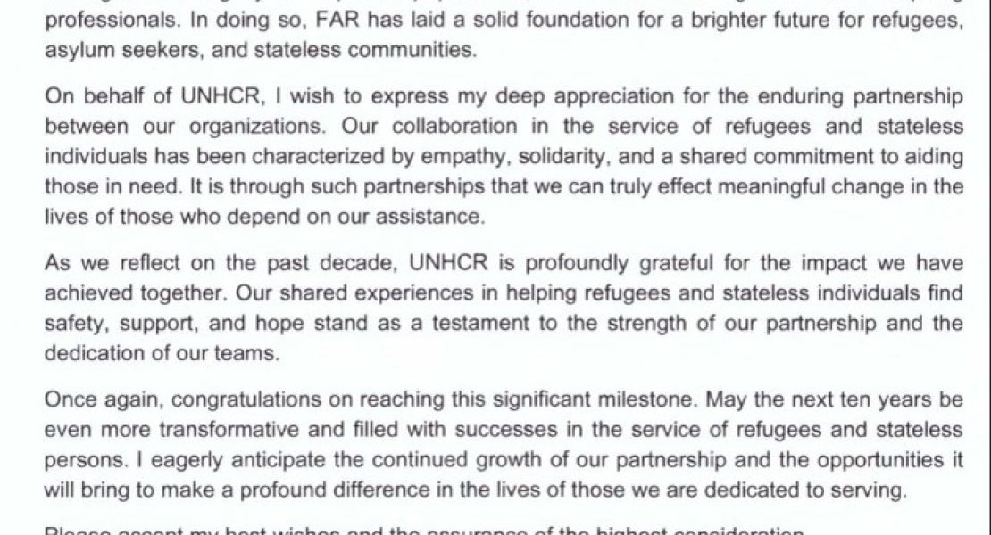 Congratulation letter for FAR`s 10th anniversary from Ms. Seda Kuzucu - UNHCR Bulgaria Representative