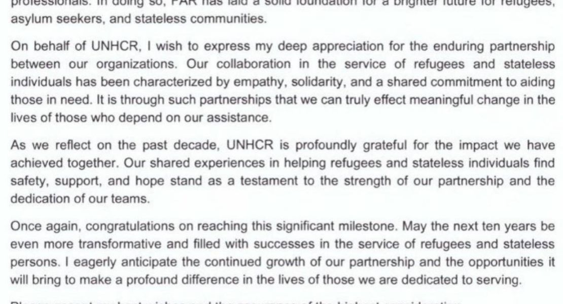 Congratulations letter for FAR`s 10th anniversary from Ms. Seda Kuzucu - UNHCR Bulgaria Representative